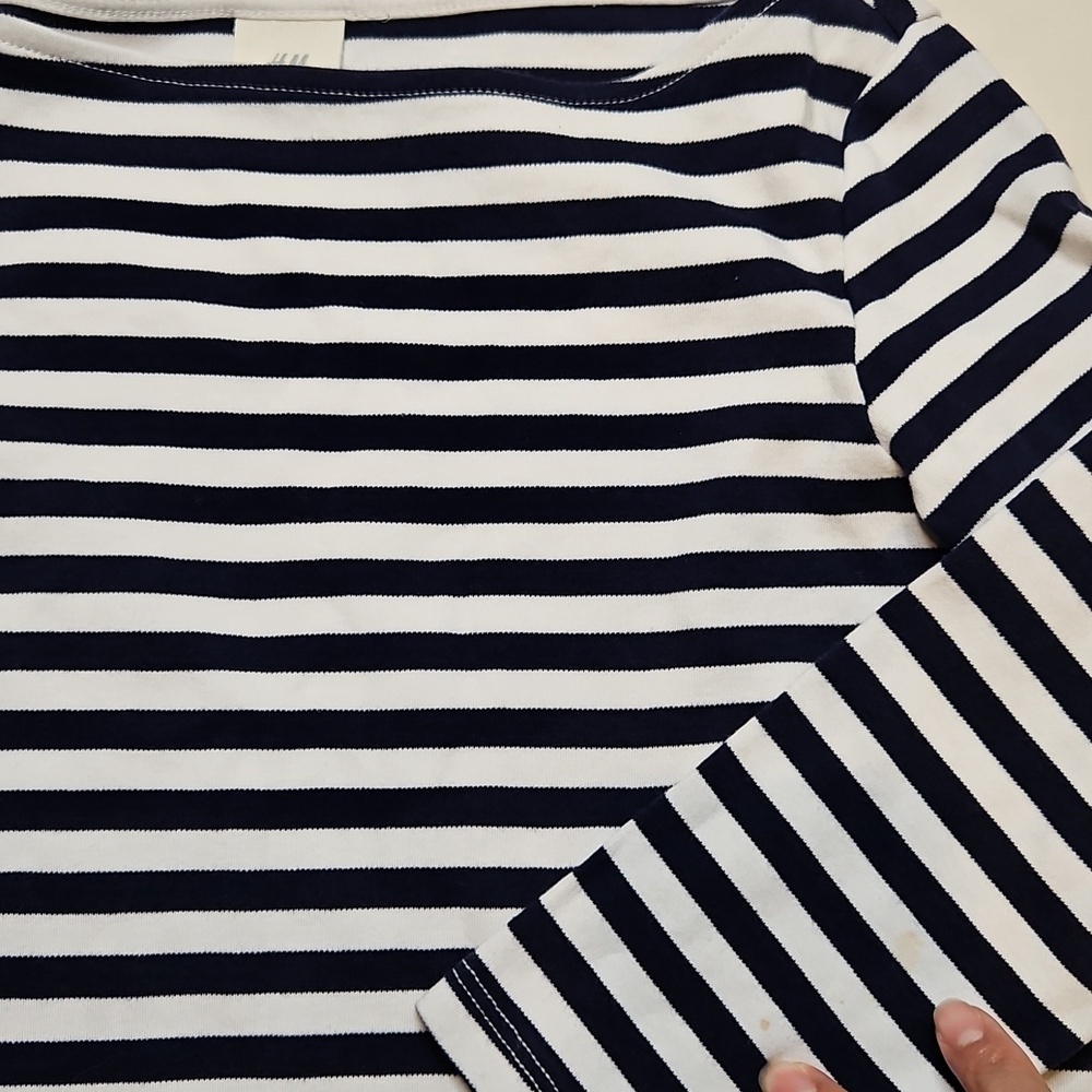 H&M Boat Neck Shirt Navy & White Stripe 3/4 Sleeve XS 100% Cotton - Picture 3 of 7